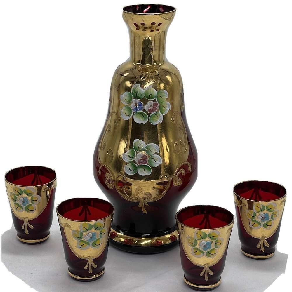 Murano Ruby Glass Hand Painted Gold Enamel Decanter & 4 Glasses With Label Italy